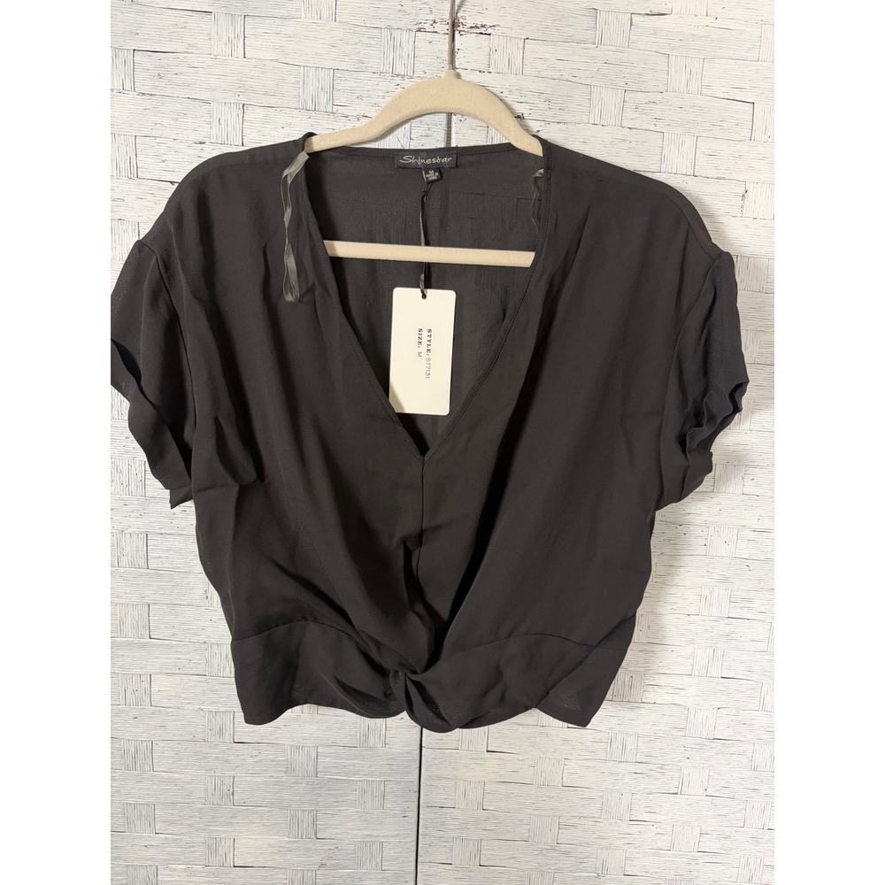 Shinestar Womens Blouse Cropped Black Twist Front V-Neck minimalist feminine